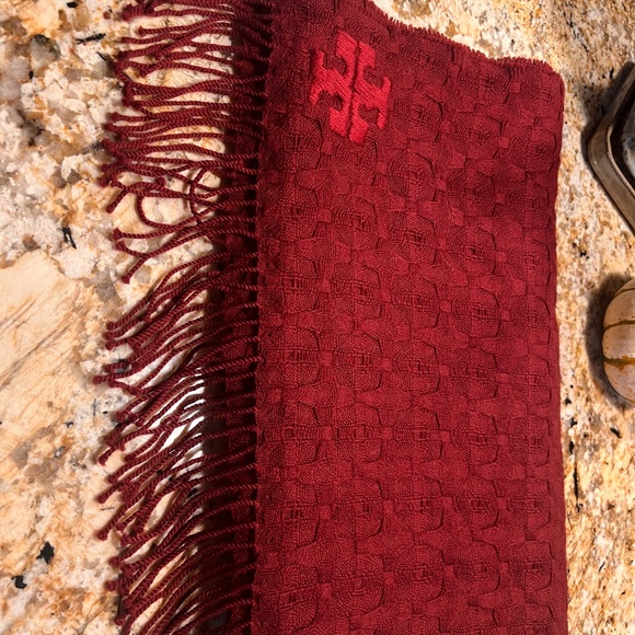Tory Burch Wool Fringe Scarf - Deep Red - Picture 2 of 2